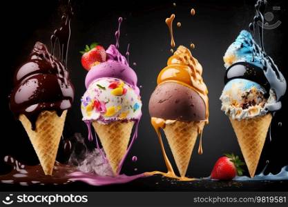 Row of several ice cream scoops and cones against black background . AI generated Illustration.