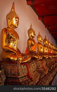 Row of sitting Buddha statues in Buddhist temple Wat Pho, Bangkok, Thailand. Low point of view