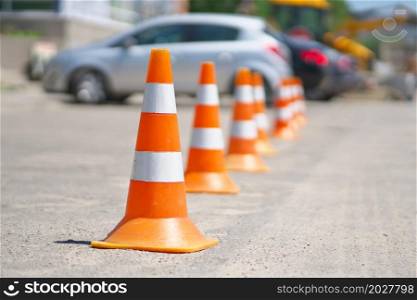 Row of Traffic cone in the road. Repair scene.