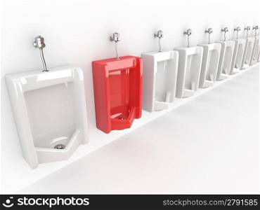 Row of urinals on white isolated background
