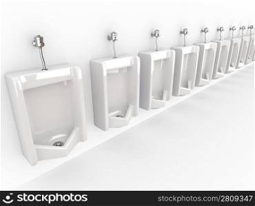Row of urinals on white isolated background. 3d