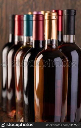 Row of vintage wine bottles