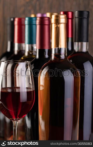 Row of vintage wine bottles