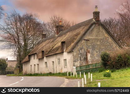 Row of white-washed, terraced cottages with thatched roofs, Dorset, England.