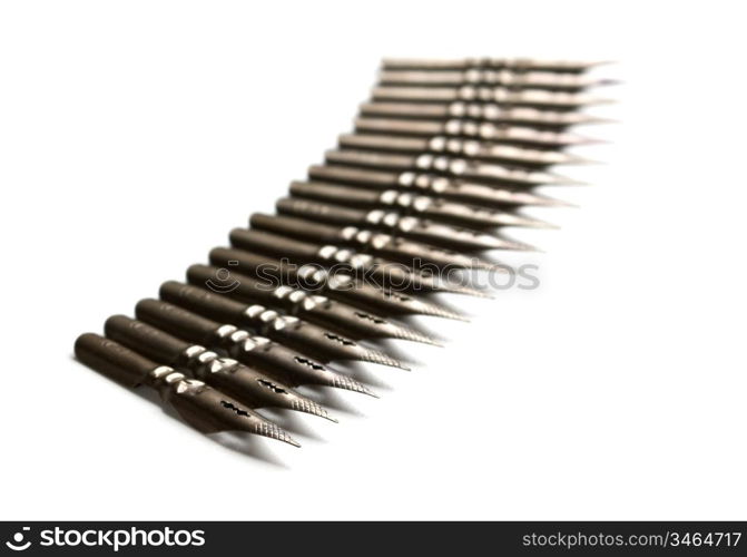 row old ink pens isolated on a white background