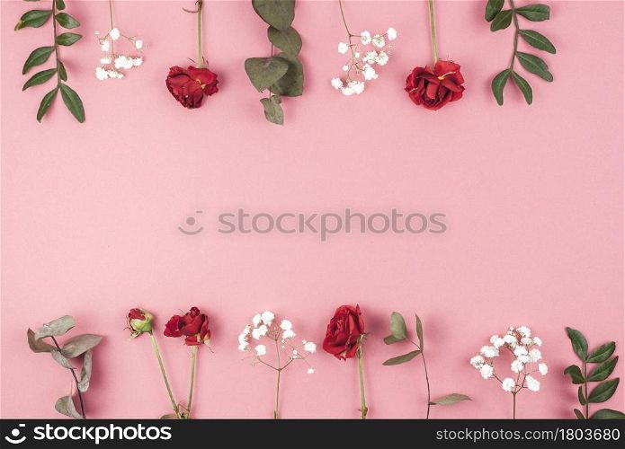 row rose baby s breath leafs arranged peach backdrop