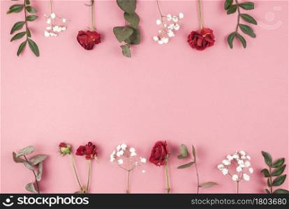 row rose baby s breath leafs arranged peach backdrop