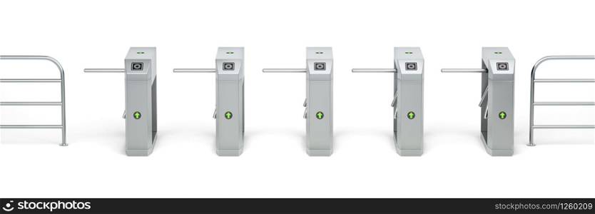 Row with automatic turnstiles on white background