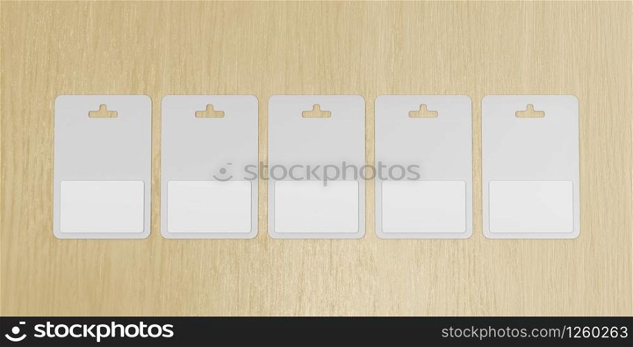 Row with blank gift cards on wood table