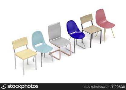 Row with different chairs on white background