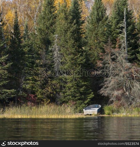 Rowboat at the lakeside, Kenora, Lake of The Woods, Ontario, Canada