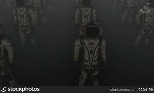 Rows of astronauts with dog, computer generated. 3d rendering of mystical background. Rows of astronauts with dog, computer generated. 3d rendering of mystical background.. Rows of astronauts with fog, computer generated. 3d rendering of fantastic background.