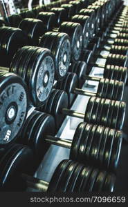 Rows of dumbbells in the gym