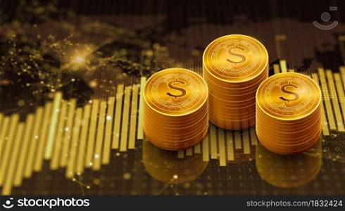 Rows of gold dollar coins with trading graph and forex trading chart. Cryptocurrency, Digital economy, Finance, Bank, and Business investment concept. 3D Render.