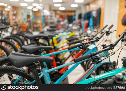 Rows of mountain bicycles in sports shop, focus on seat, nobody. Summer active leisure, showcase with bikes, cycle sale. Rows of bicycles in sports shop, focus on seat