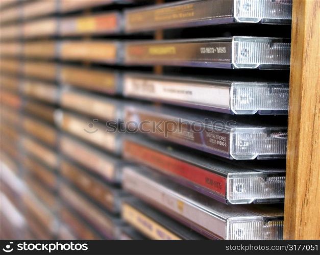 Rows of music cds in a cd holder, shallow dof