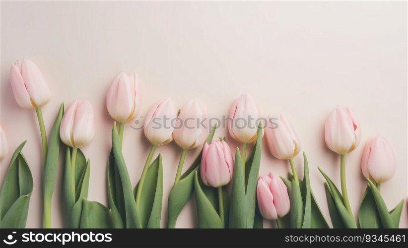 Rows of pale pink tulips on a soft shell pink background with copy space. Created using AI Generated technology and image editing software.