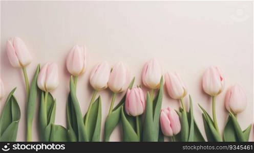 Rows of pale pink tulips on a soft shell pink background with copy space. Created using AI Generated technology and image editing software.