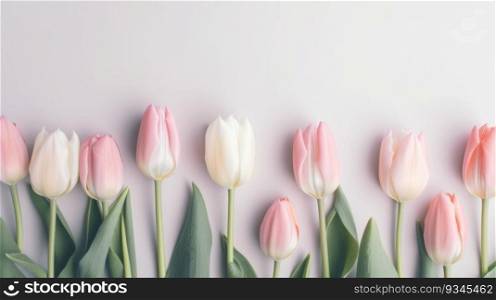 Rows of pink and white tulips on a soft pale blush background with copy space. Created using AI Generated technology and image editing software.
