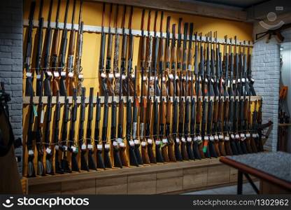 Rows of rifles on the wall, showcase in gun shop, nobody. Euqipment for hunters on stand in weapon store, hunting and sport shooting hobby. Rows of rifles on the wall, showcase in gun shop