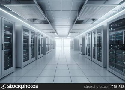 Rows of servers in a data center room, equipped with state-of-the-art cooling systems and backup power. The high-tech infrastructure ensures reliable performance. Is AI Generative.