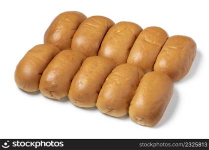 Rows of traditional Dutch white soft buns isolated on white background