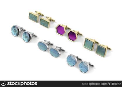 Rows with different styles of cufflinks on white background