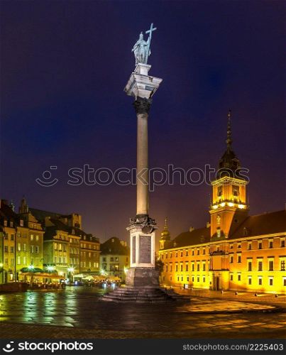 Royal Castle and Sigismund Column in Warsaw at night, Poland