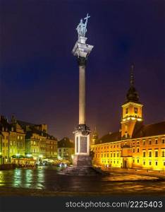 Royal Castle and Sigismund Column in Warsaw at night, Poland
