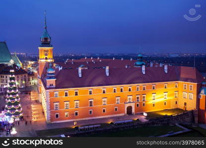 Royal Castle illuminated at night during Christmas Time in the Old Town of Warsaw, Poland.