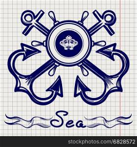 Royal fleet emblem on notebook page. Royal fleet emblem design with hand drawn elements on notebook page. Vector illustration
