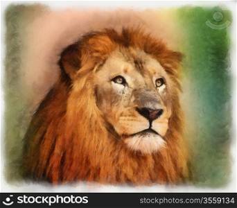 Royal King Lion with Majestic Face Portrait Water Color Painting
