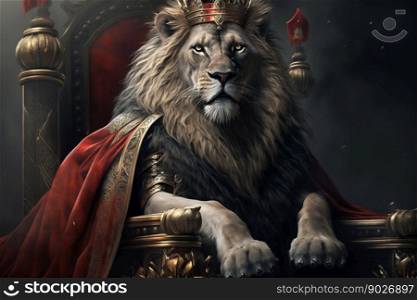 Royal lion king in sitting on a red throne. Generative AI. High quality illustration. Royal lion king in sitting on a red throne. Generative AI