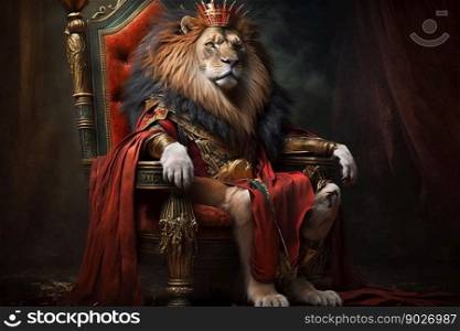 Royal lion king in sitting on a red throne. Generative AI. High quality illustration. Royal lion king in sitting on a red throne. Generative AI