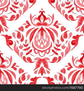 Royal luxury vintage damask floral design. Watercolor tile. Red seamless ornamental watercolor arabesque paint tile pattern for fabric and ceramics