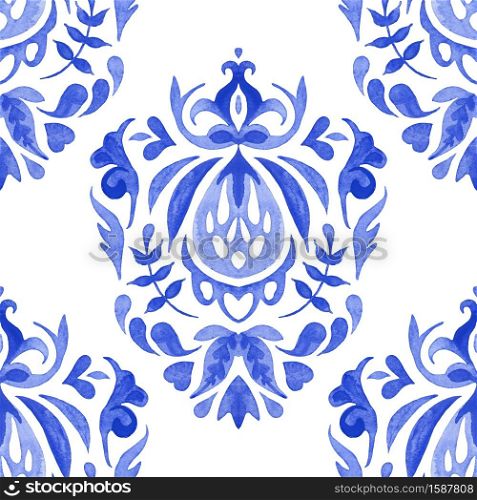 Royal luxury vintage damask hand drawn medallion floral design. Vintage damask seamless ornamental watercolor arabesque paint tile design pattern for fabric
