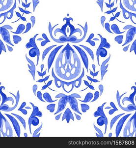 Royal luxury vintage damask hand drawn medallion floral design. Vintage damask seamless ornamental watercolor arabesque paint tile design pattern for fabric