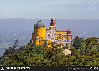 Royal palace Pena in Sintra, Portugal. View on landscape from park.