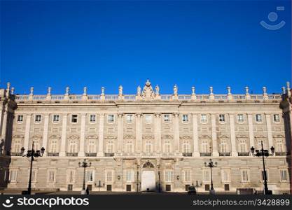 Royal Palace (Spanish: Palacio Real de Madrid) famous historic landmark east facade in Madrid, Spain