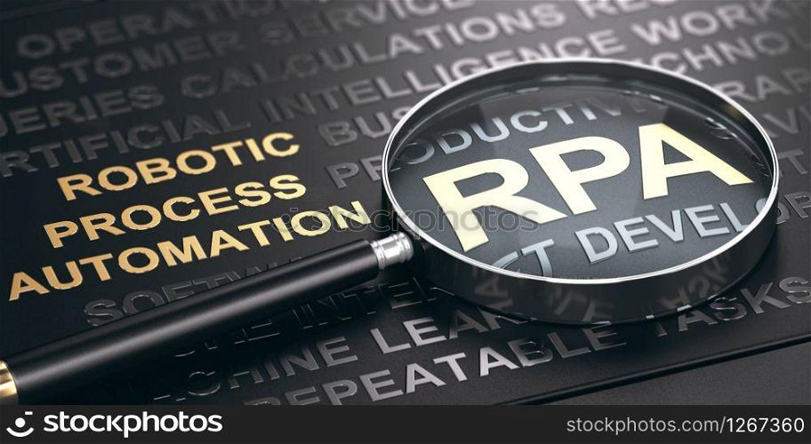 RPA, Accronym of Robotic Process Automation written in golden letters over black background with magnifying glass. 3D illustration.. RPA, Robotic Process Automation.