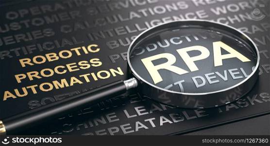 RPA, Accronym of Robotic Process Automation written in golden letters over black background with magnifying glass. 3D illustration.. RPA, Robotic Process Automation.