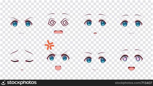 Rreal cartoon blue eyes of anime manga girls, in Japanese style. Set of various emotions
