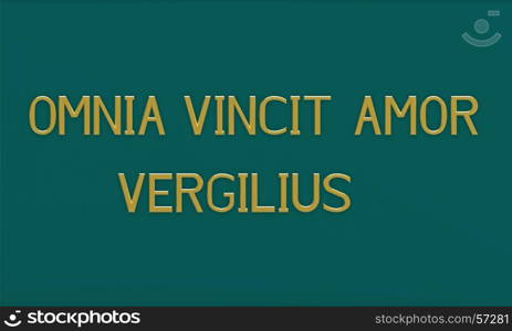 ''Omnia vincit amor'' (love conquers all), Latin phrase by Vergilius, 3d render