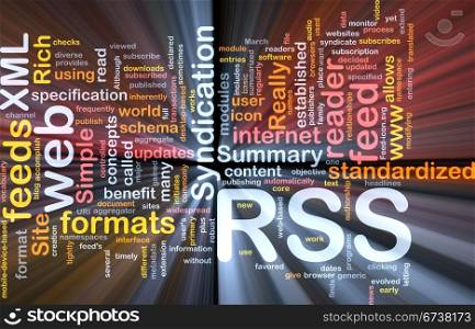 RSS feed background concept glowing. Background concept wordcloud illustration of internet RSS feed glowing light