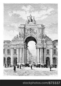 Rua Augusta Triumphal Arch on Commerce Square in Lisbon, Portugal, drawing by Catenacci based on a photograph, vintage engraved illustration. Le Tour du Monde, Travel Journal, 1881
