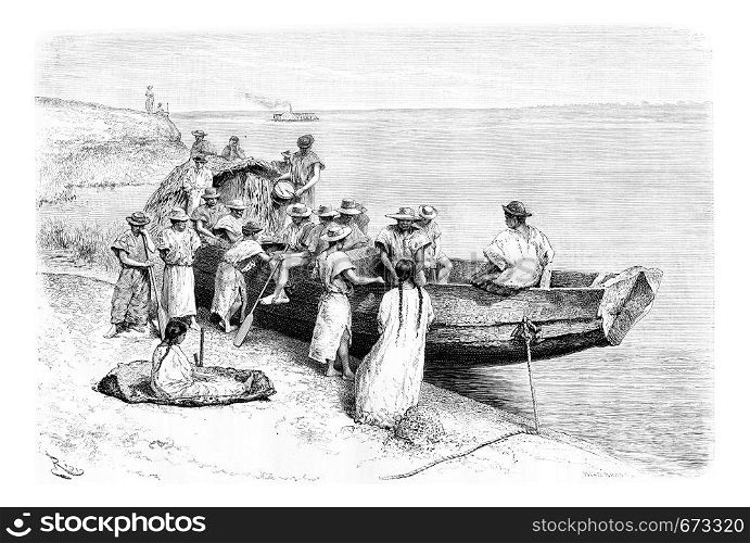 Rubber Researchers Depart by Boat from a Place Near Tabatinga in Amazonas, Brazil, drawing by Riou from a photograph, vintage engraved illustration. Le Tour du Monde, Travel Journal, 1881