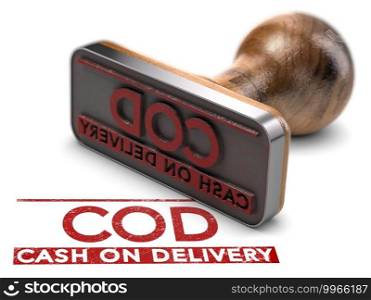 Rubber st&over white background with the text COD, cash on delivery. 3D illustration. COD, Cash On Delivery.