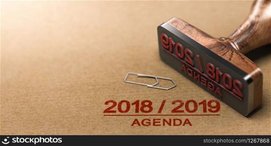 Rubber stamp and 2018 2019 agenda printed on kraft paper background. 3d illustration. . Agenda or Planning 2018 2019 Over Recycled Paper Background