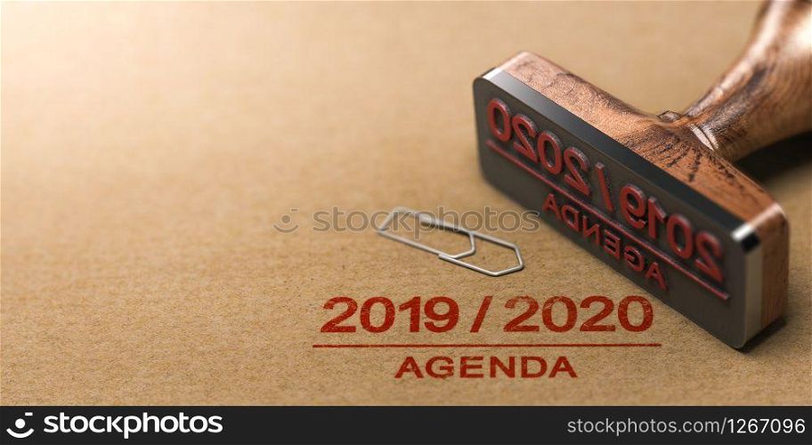 Rubber stamp and 2019 2020 agenda printed on kraft paper background. 3d illustration. . Agenda or Planning from 2019 to 2020 Over Recycled Paper Background