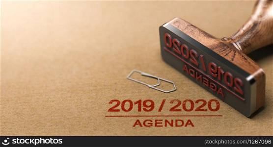 Rubber stamp and 2019 2020 agenda printed on kraft paper background. 3d illustration. . Agenda or Planning from 2019 to 2020 Over Recycled Paper Background